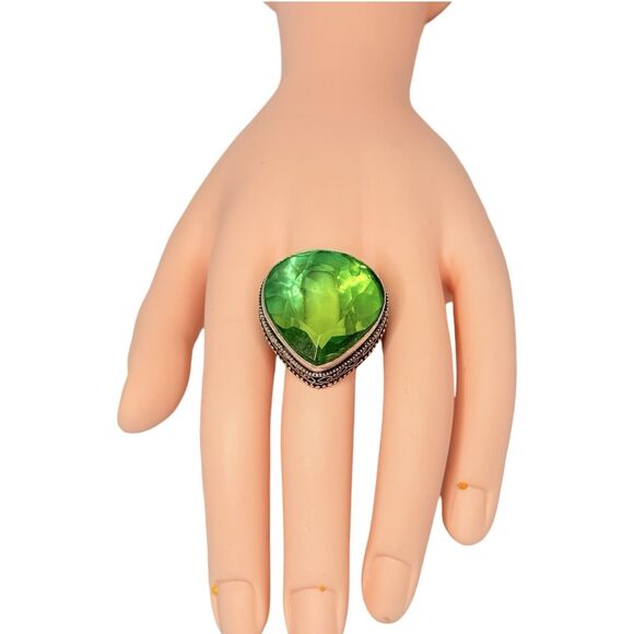 925 Sterling Silver Green Crystal Large Statement Ring Sz 8.5 Turkish Ethnic - Picture 4 of 16